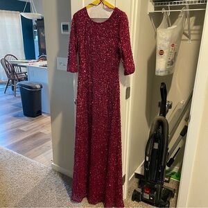 Adrianna Papell Deep Red Sequin 3/4 Sleeve Dress